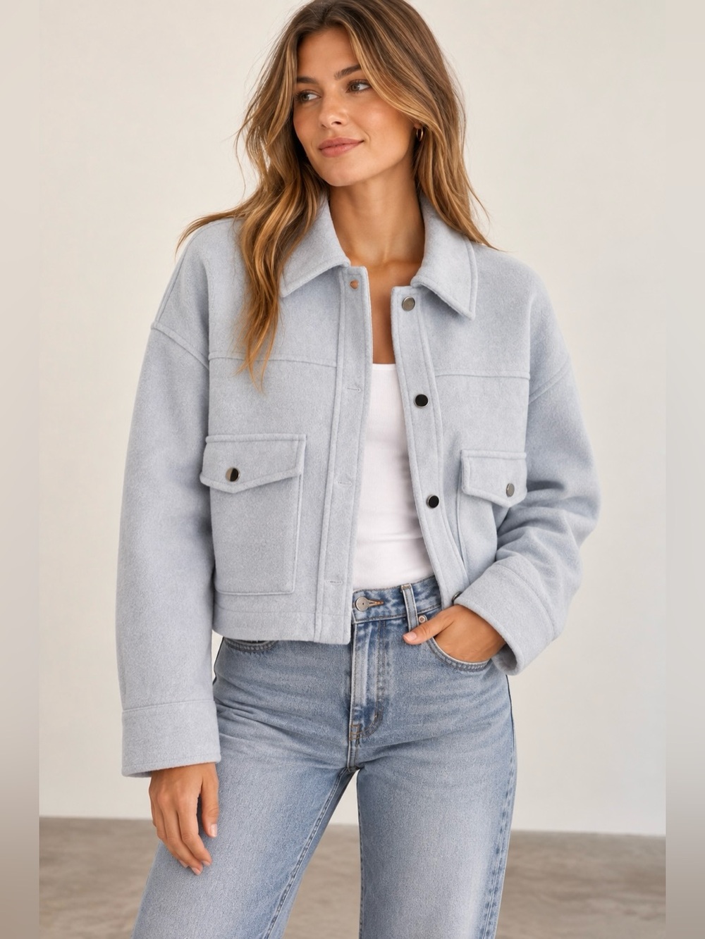 Zara Light Blue Women's Wool Blend Cropped Jacket Size Small